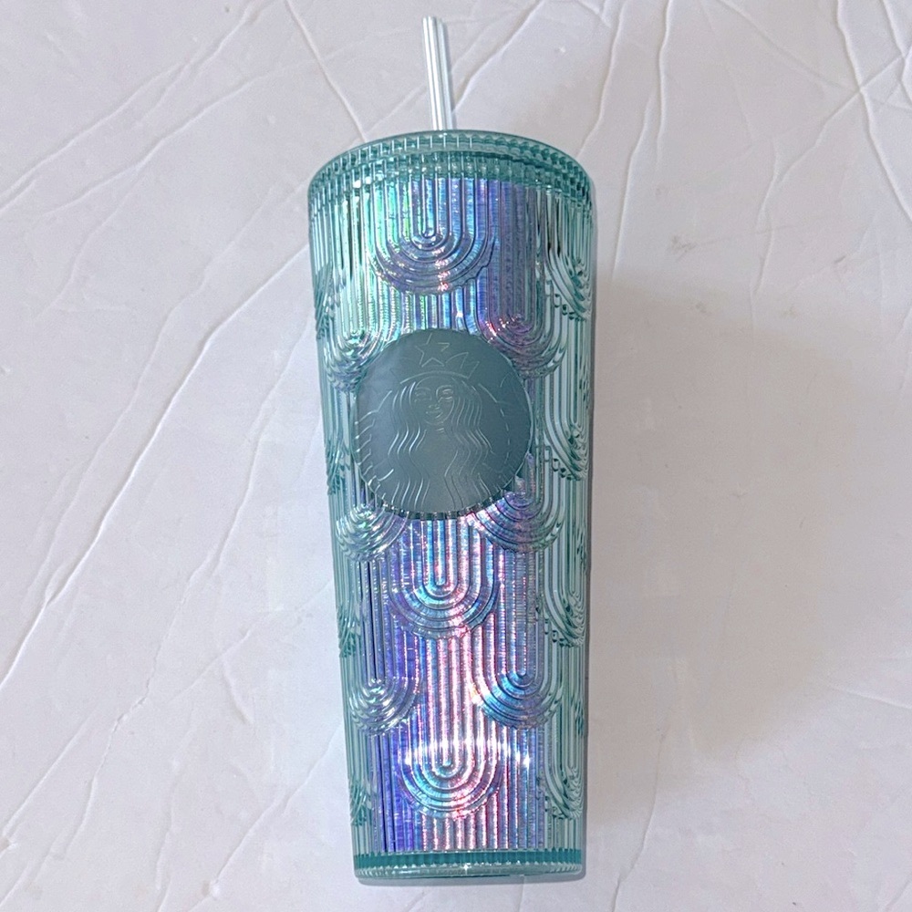 Starbucks Cold Cup Tumbler with Straw iridescent, green mermaid scale